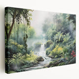 Stretched canvas wall art showcasing a vibrant rainforest landscape design in rich greens and blues, perfect for adding a nature-inspired touch to modern interiors.