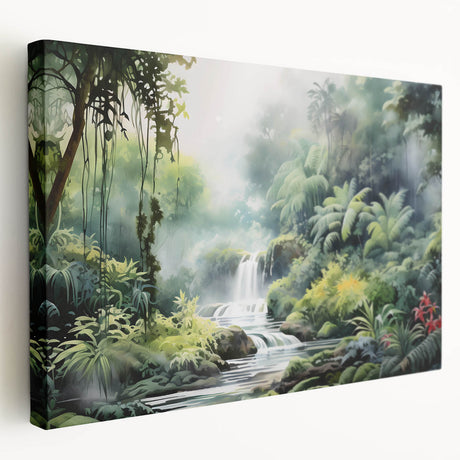Stretched canvas wall art showcasing a vibrant rainforest landscape design in rich greens and blues, perfect for adding a nature-inspired touch to modern interiors.
