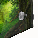 Close-up of vibrant rainforest-themed wall art featuring lush green foliage and vivid colors, printed on acrylic glass for a modern, sleek finish. Ideal for nature lovers seeking to enhance their home decor with a tropical touch.
