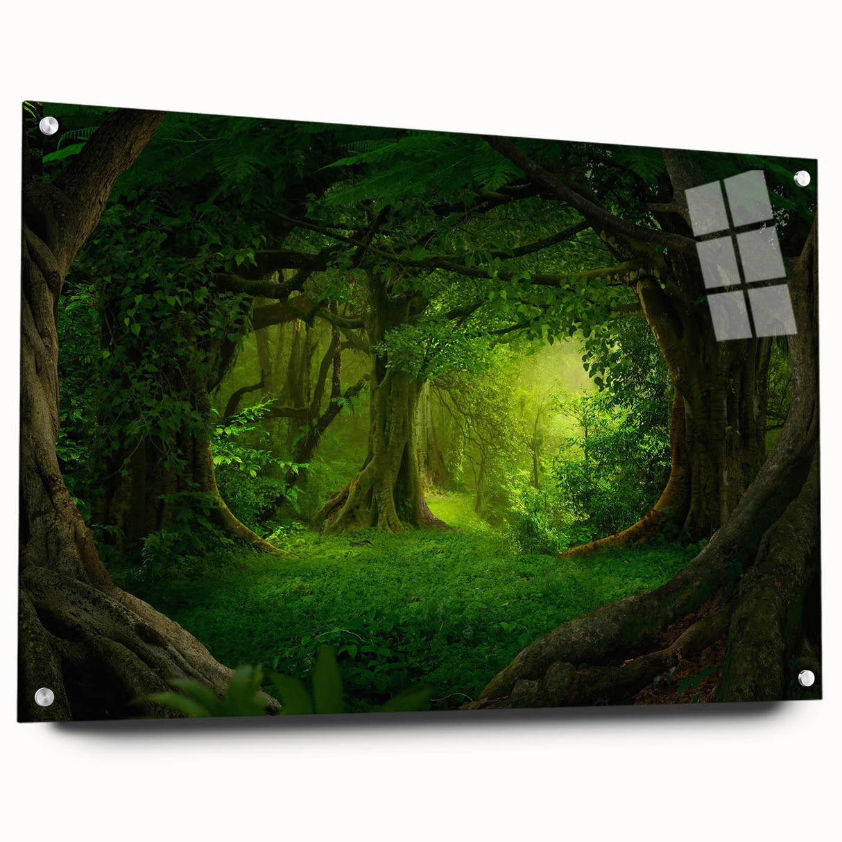 Acrylic glass wall art showcasing a vibrant rainforest landscape design, viewed from the side with visible mounting pins, perfect for nature-inspired decor.