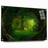 Acrylic glass wall art showcasing a vibrant rainforest landscape design, viewed from the side with visible mounting pins, perfect for nature-inspired decor.