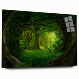 Vibrant rainforest landscape wall art design displayed in an elegant acrylic glass frame, showcasing lush greenery and rich colors for a nature-inspired decor accent.