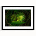 Framed rainforest wall art design showcasing vibrant green foliage and tropical plants, presented in a sleek black frame with a mat for an elegant look. Ideal for nature enthusiasts and home decor lovers.