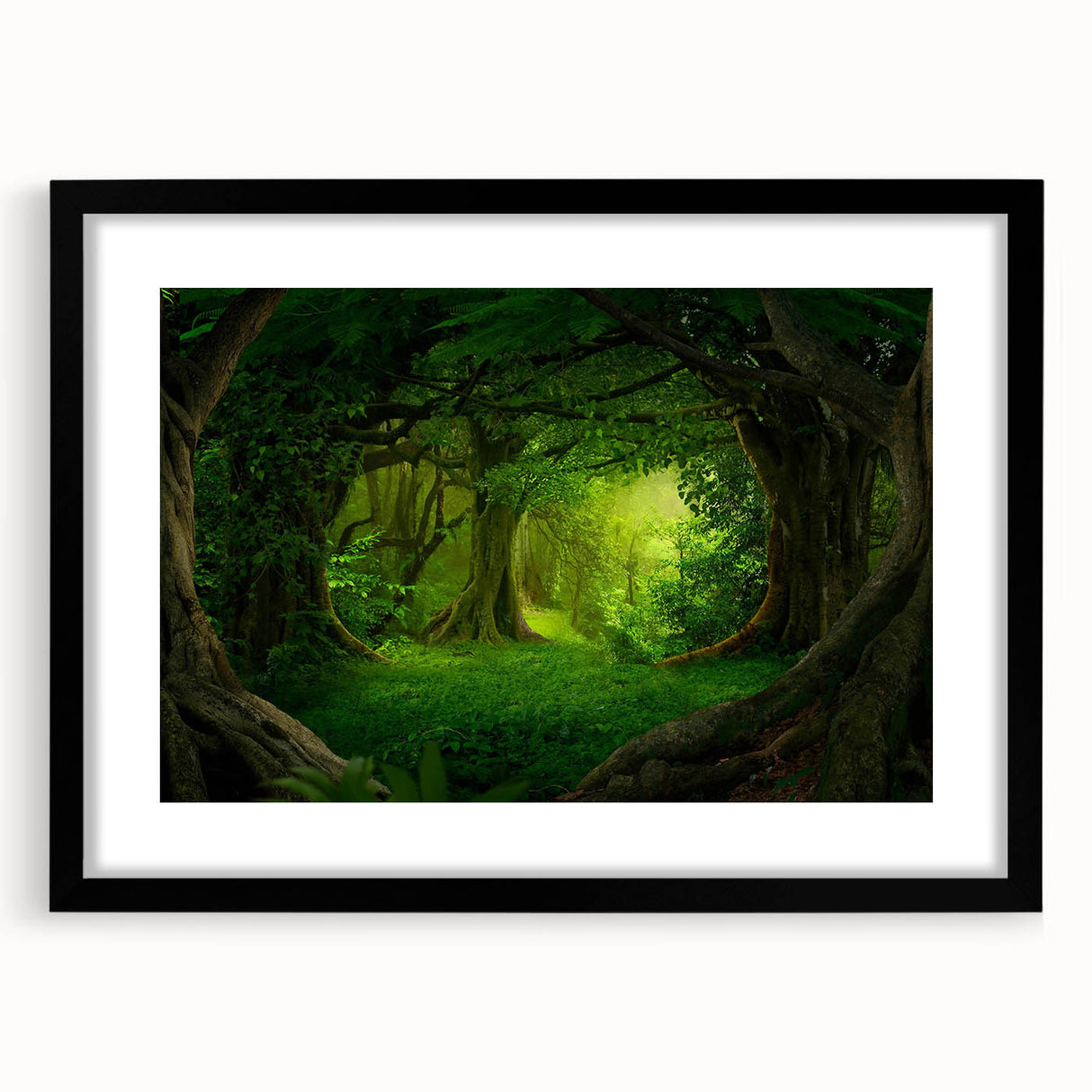 Framed rainforest wall art design showcasing vibrant green foliage and tropical plants, presented in a sleek black frame with a mat for an elegant look. Ideal for nature enthusiasts and home decor lovers.