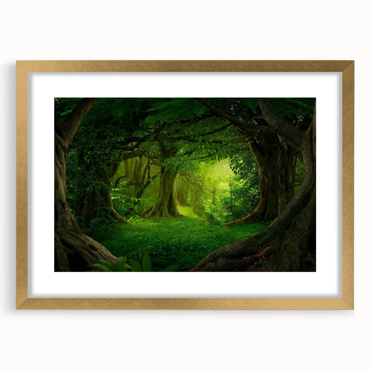 Framed gold mat wall art showcasing a vibrant rainforest landscape, ideal for home decor. This piece adds a touch of nature-inspired elegance to any room.