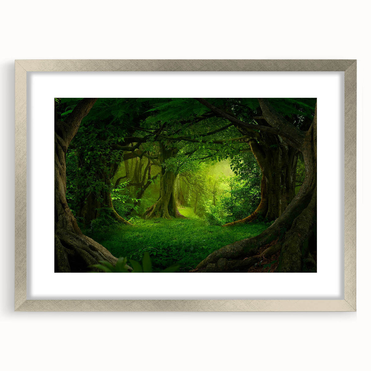 Framed wall art featuring a vibrant rainforest landscape design in a silver frame with a white mat, showcasing lush greenery and tropical foliage. Perfect for enhancing home decor with a nature-inspired touch.