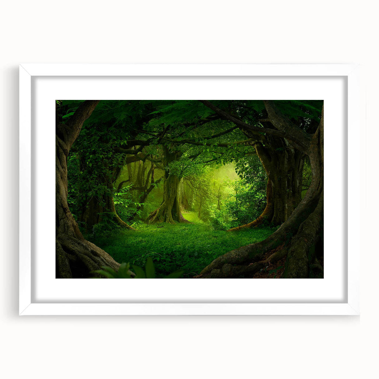 Framed wall art featuring a vibrant rainforest landscape design with lush greenery and colorful foliage, elegantly presented with a white mat for a modern touch.