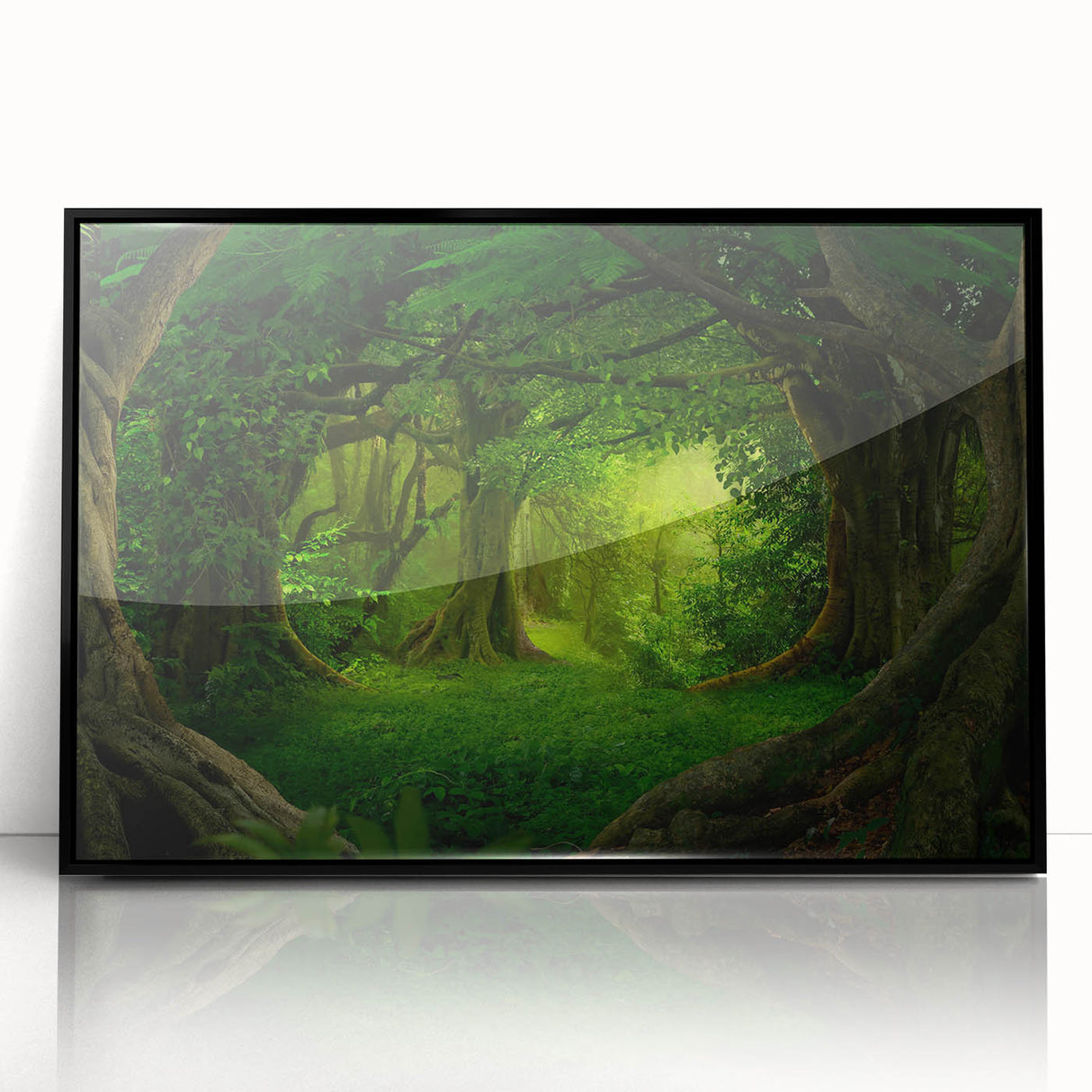 Framed acrylic wall art showcasing a vibrant rainforest design with lush greenery and tropical elements, featuring a sleek black frame, ideal for modern decor.