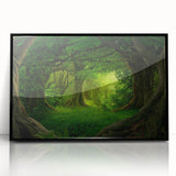 Framed acrylic wall art showcasing a vibrant rainforest design with lush greenery and tropical elements, featuring a sleek black frame, ideal for modern decor.