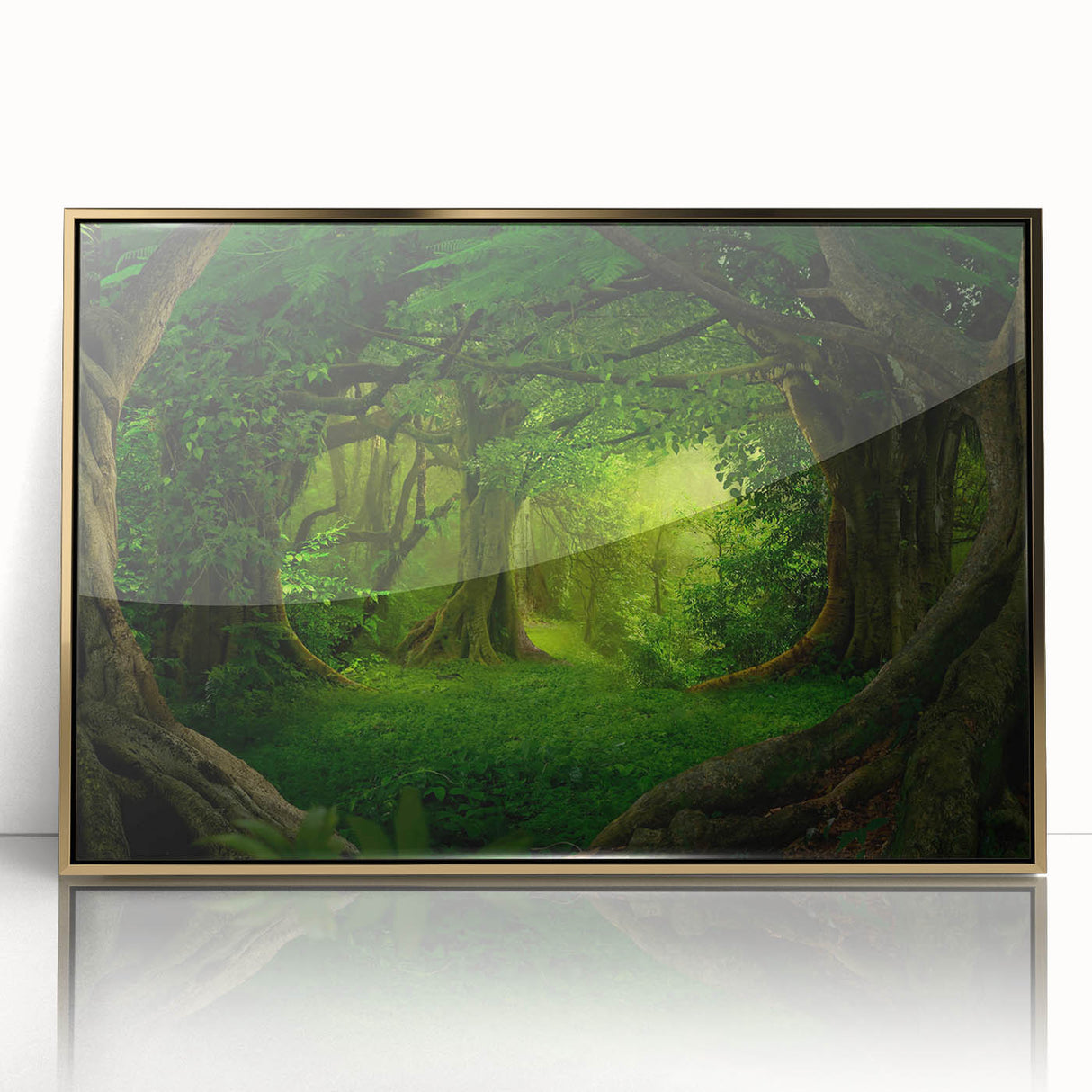Framed wall art showcasing a vibrant rainforest landscape design with rich green foliage and golden accents, perfect for enhancing home decor.