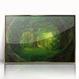 Framed wall art showcasing a vibrant rainforest landscape design with rich green foliage and golden accents, perfect for enhancing home decor.
