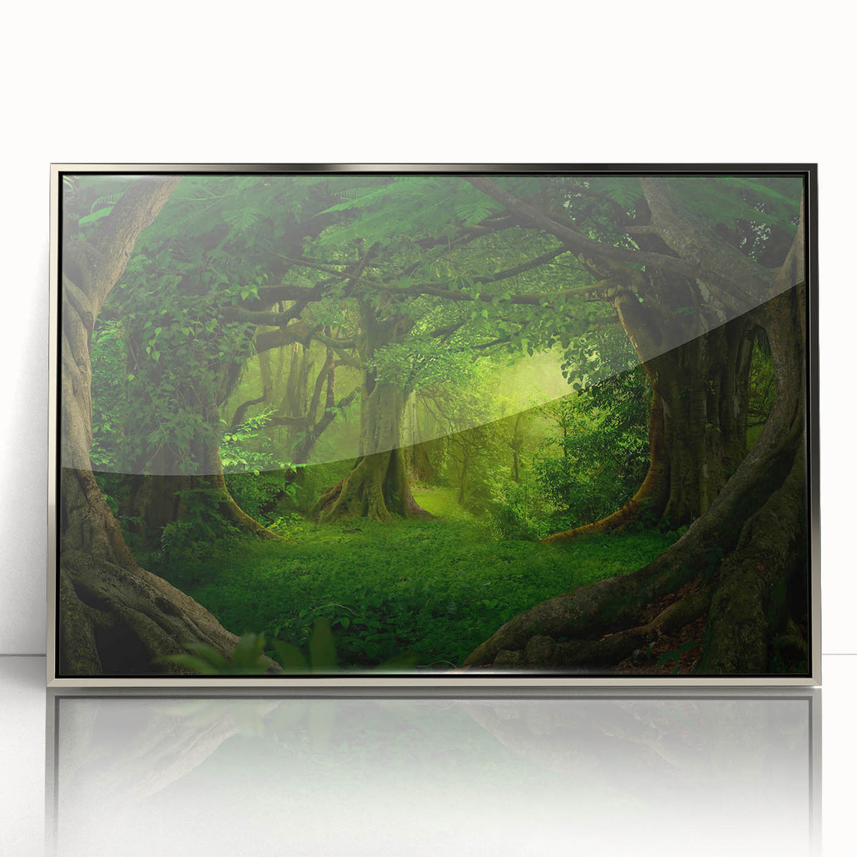 Framed acrylic wall art showcasing a vibrant rainforest landscape design, featuring lush greenery and a serene atmosphere, perfect for home decor and nature enthusiasts.
