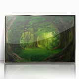 Framed acrylic wall art showcasing a vibrant rainforest landscape design, featuring lush greenery and a serene atmosphere, perfect for home decor and nature enthusiasts.
