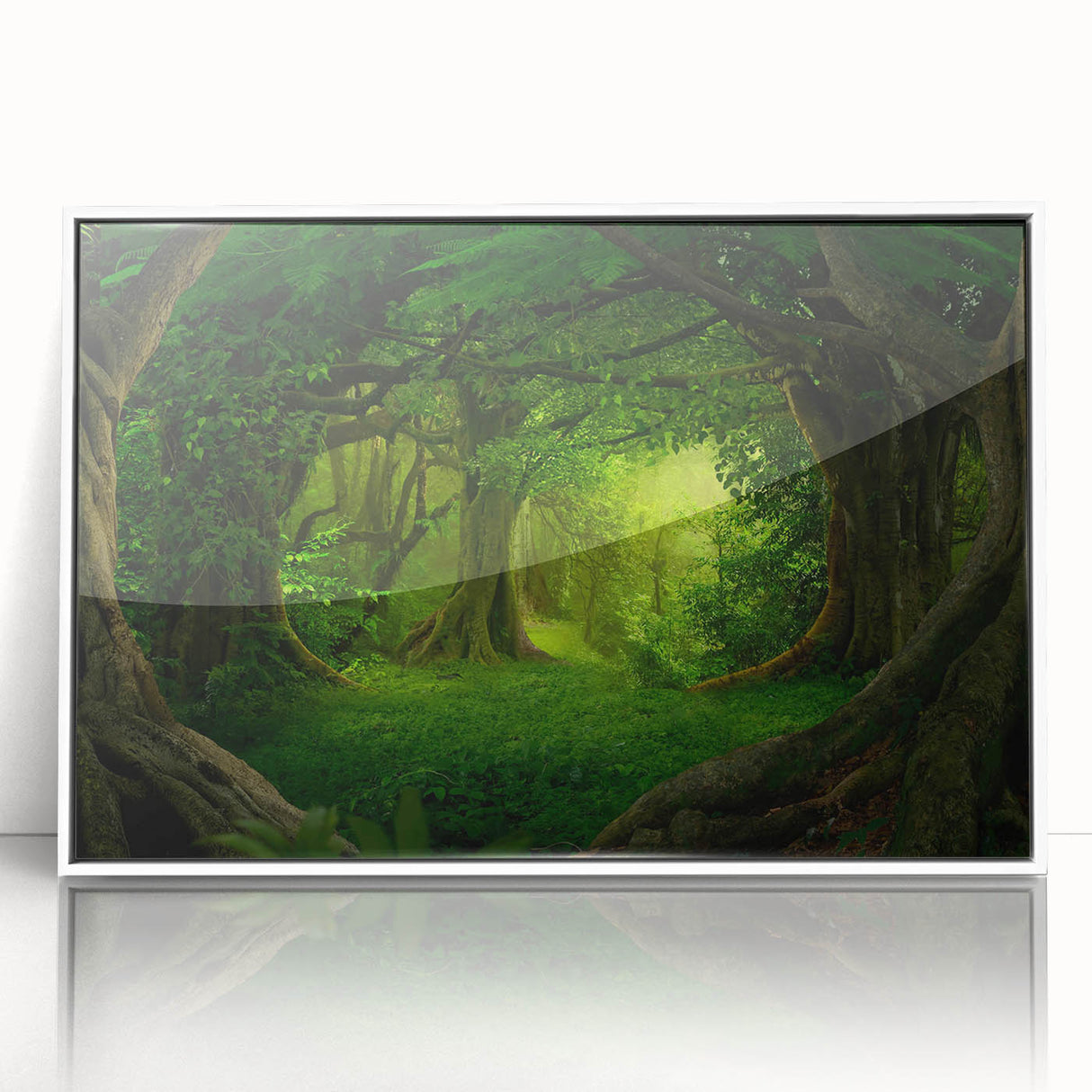 Framed acrylic wall art showcasing a vibrant rainforest landscape design, featuring lush greenery and detailed foliage, set against a white frame for a modern aesthetic.