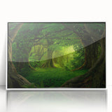 Framed acrylic wall art showcasing a vibrant rainforest landscape design, featuring lush greenery and detailed foliage, set against a white frame for a modern aesthetic.