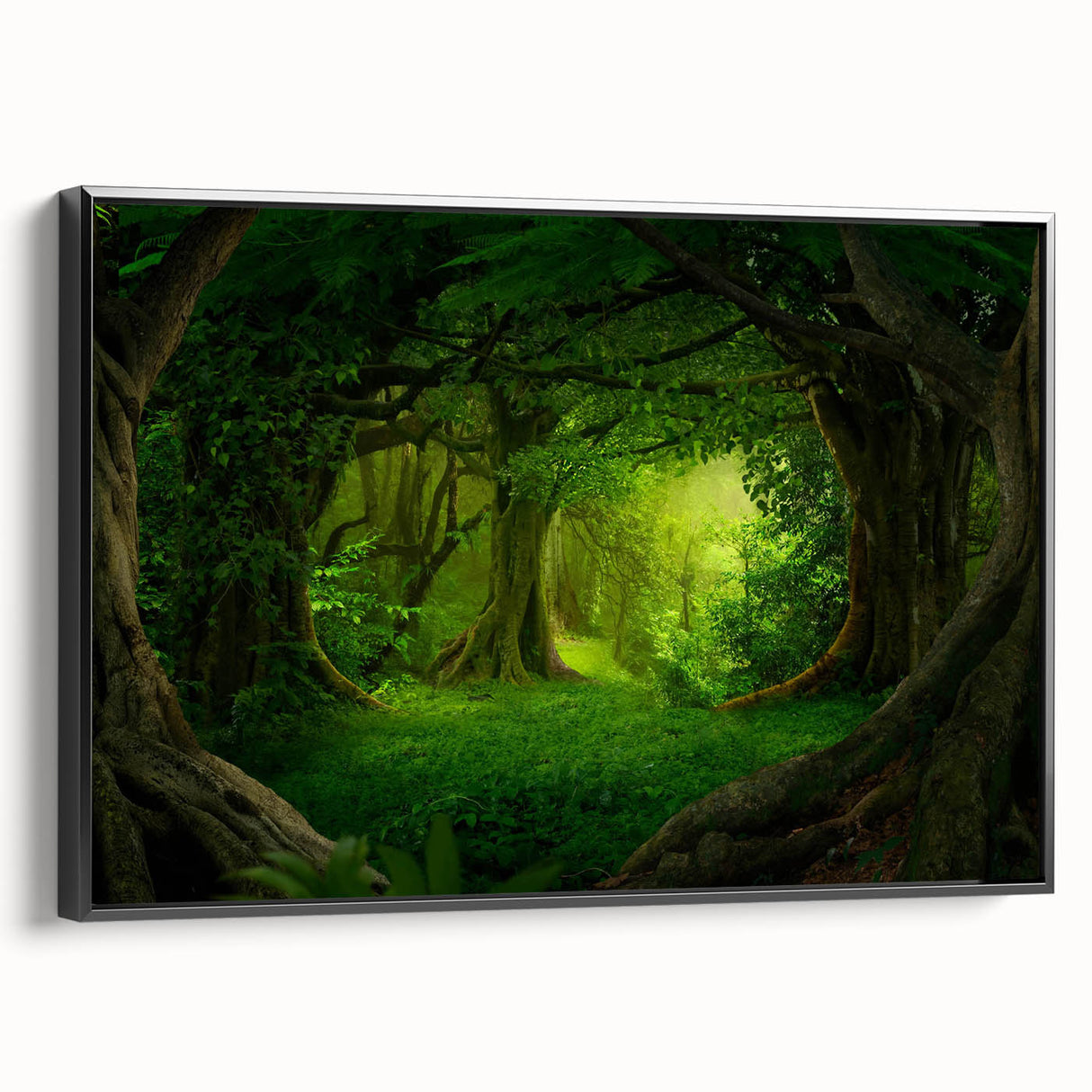Framed canvas wall art showcasing a vibrant rainforest landscape design, featuring lush green foliage and intricate details, set against a sleek black frame for modern decor.
