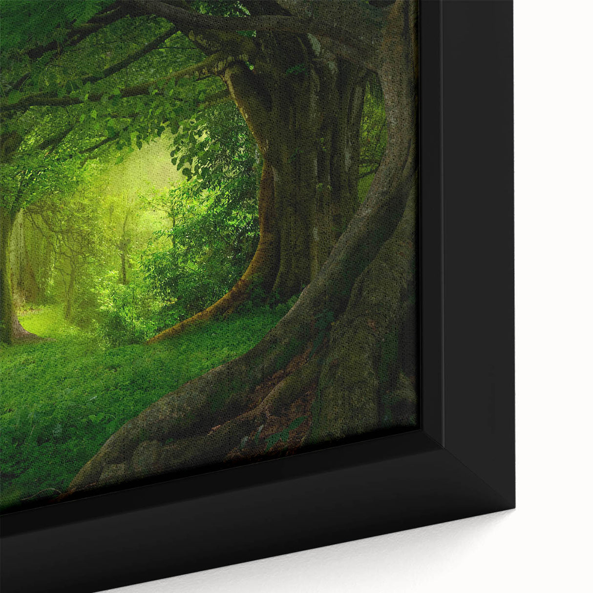 Close-up of a vibrant rainforest landscape canvas wall art piece, showcasing lush greenery, intricate foliage details, and a rich, colorful design in a framed format, perfect for home decor.