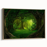 Framed canvas wall art featuring a vibrant rainforest landscape design, showcasing lush green foliage and intricate details, with an elegant gold frame enhancing the aesthetic appeal.