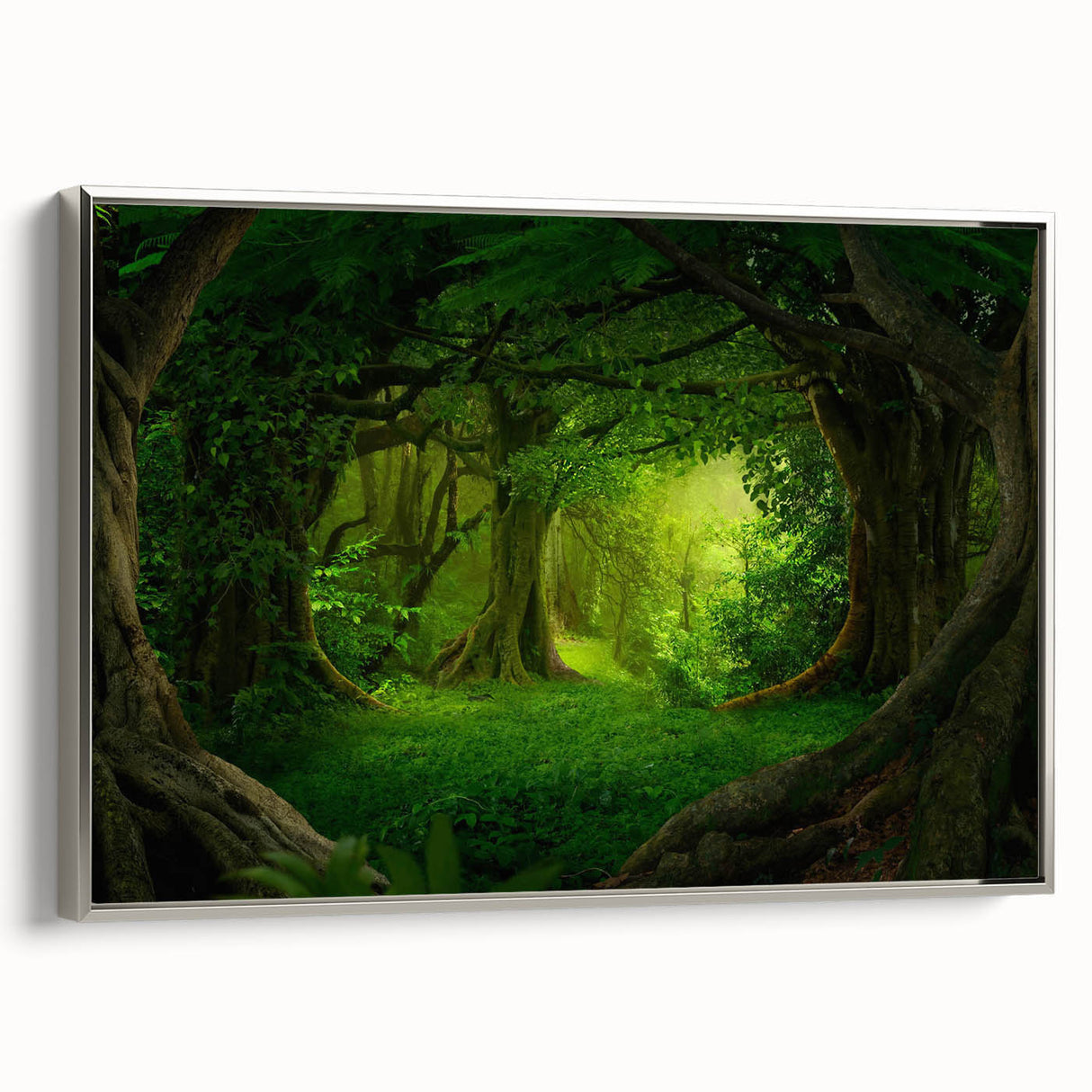 Framed canvas wall art showcasing a vibrant rainforest landscape design, featuring lush greenery and intricate details, set in a sleek silver frame for modern decor.