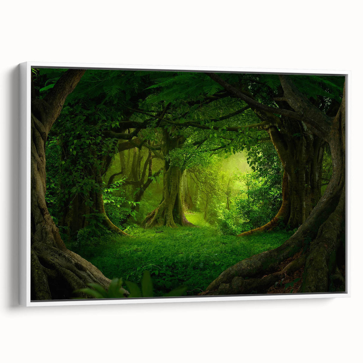 Framed canvas wall art depicting a lush rainforest landscape with vibrant greens and intricate details, showcased in a sleek white frame, ideal for nature-themed decor.