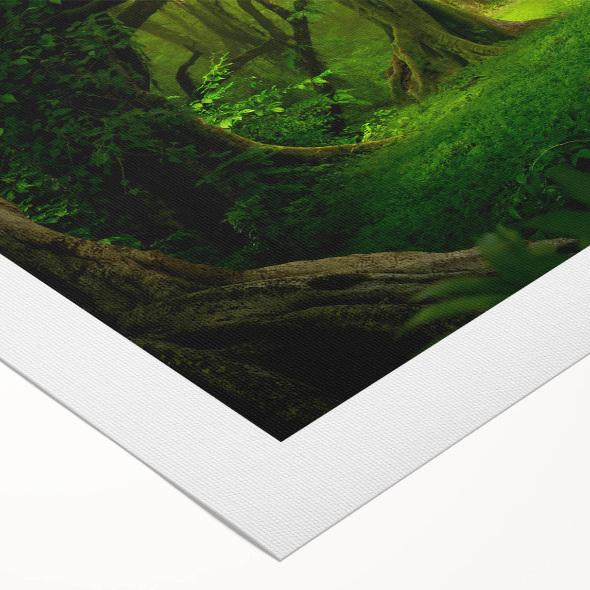 Vibrant rainforest landscape wall art on rolled canvas showcasing lush greenery and tropical flora, ideal for enhancing home decor with a nature-inspired theme.