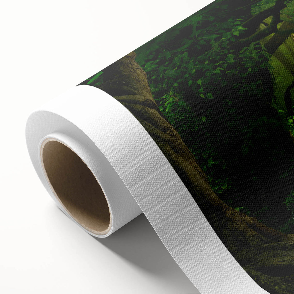 Vibrant rainforest landscape wall art on rolled canvas, showcasing rich greens and tropical flora, perfect for enhancing home decor and wall aesthetics.