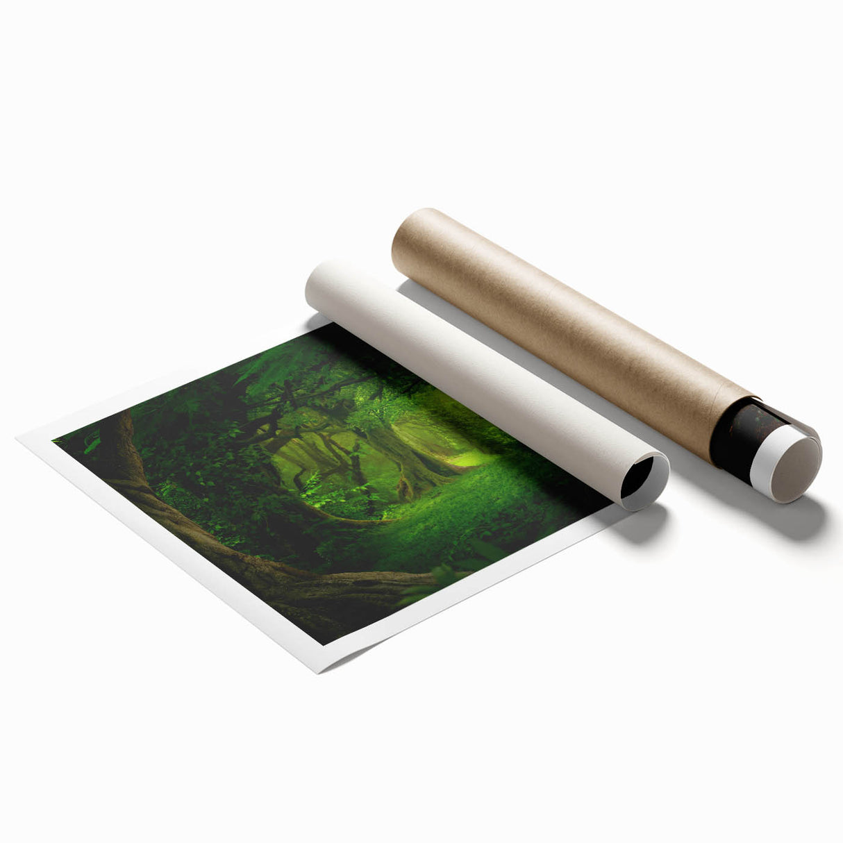 Vibrant rainforest landscape wall art print showcasing lush green foliage and tropical plants, rolled for easy transport and display, perfect for nature enthusiasts.