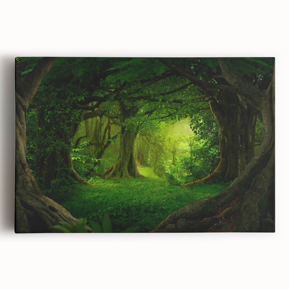 Lush rainforest landscape wall art on stretched canvas, featuring vibrant greens and earthy tones, perfect for home decor and nature enthusiasts.
