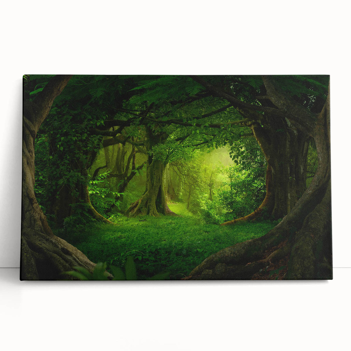 Vibrant rainforest landscape wall art on stretched canvas, showcasing lush greenery and tropical flora, perfect for enhancing home decor with nature-inspired elegance.