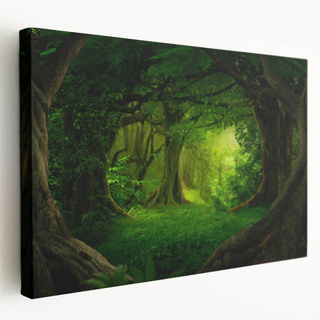 Stretched canvas wall art featuring a vibrant rainforest design with lush greenery and vivid colors, ideal for enhancing any room’s decor.