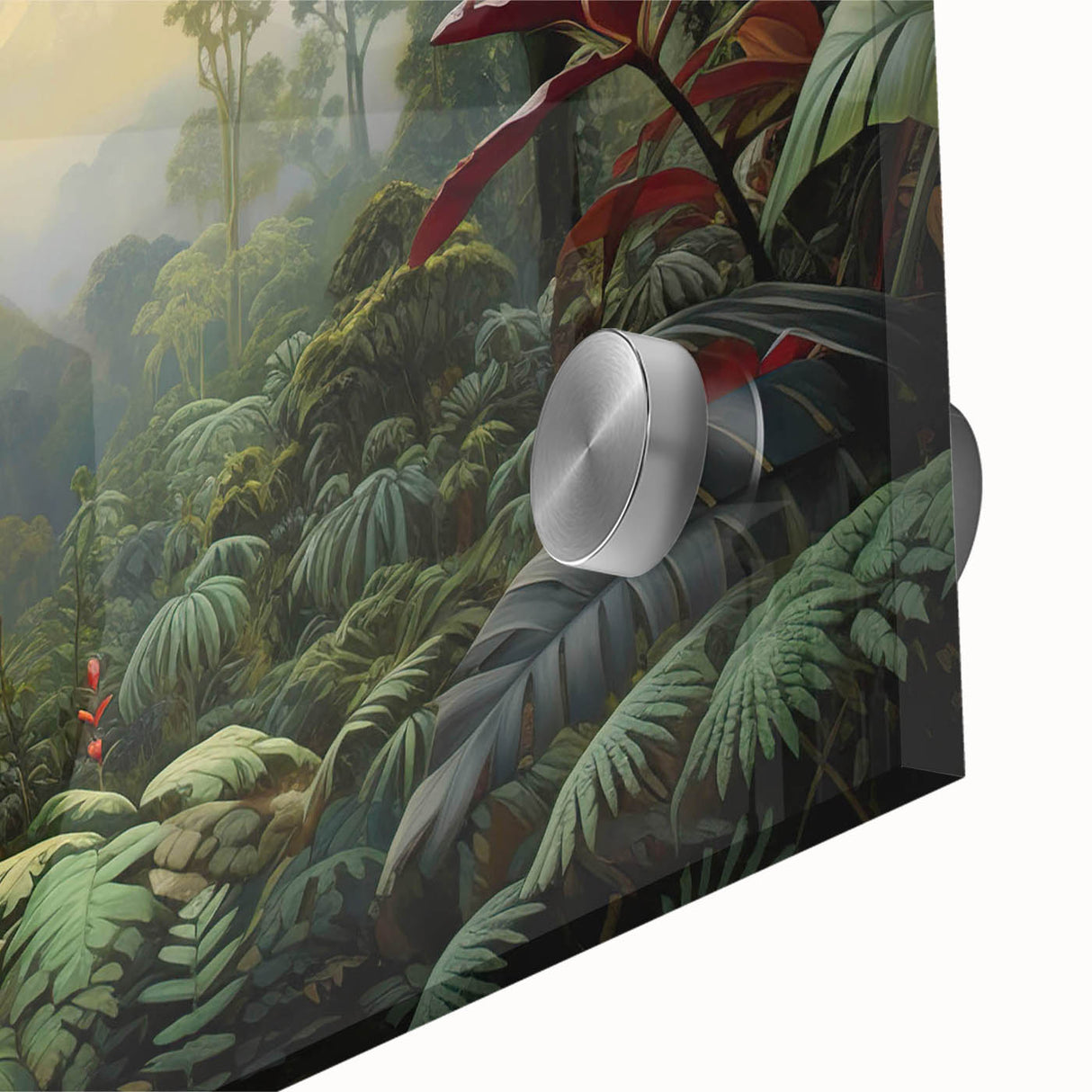 Close-up of a vibrant rainforest-themed wall art piece, featuring lush greenery and intricate details, printed on acrylic glass for a modern aesthetic. Ideal for nature lovers and home décor enthusiasts.