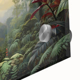 Close-up of a vibrant rainforest-themed wall art piece, featuring lush greenery and intricate details, printed on acrylic glass for a modern aesthetic. Ideal for nature lovers and home décor enthusiasts.
