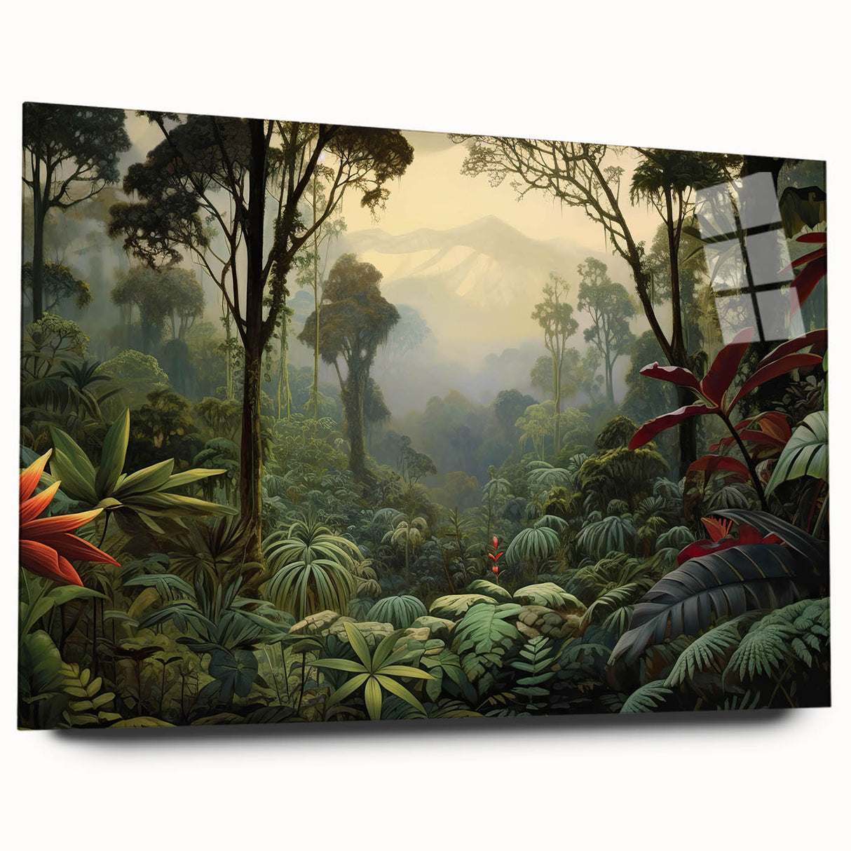 Acrylic glass wall art showcasing a vibrant rainforest landscape design, viewed from the side, ideal for adding a nature-inspired touch to any room decor.