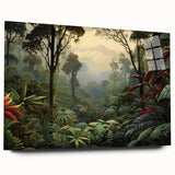 Acrylic glass wall art showcasing a vibrant rainforest landscape design, viewed from the side, ideal for adding a nature-inspired touch to any room decor.