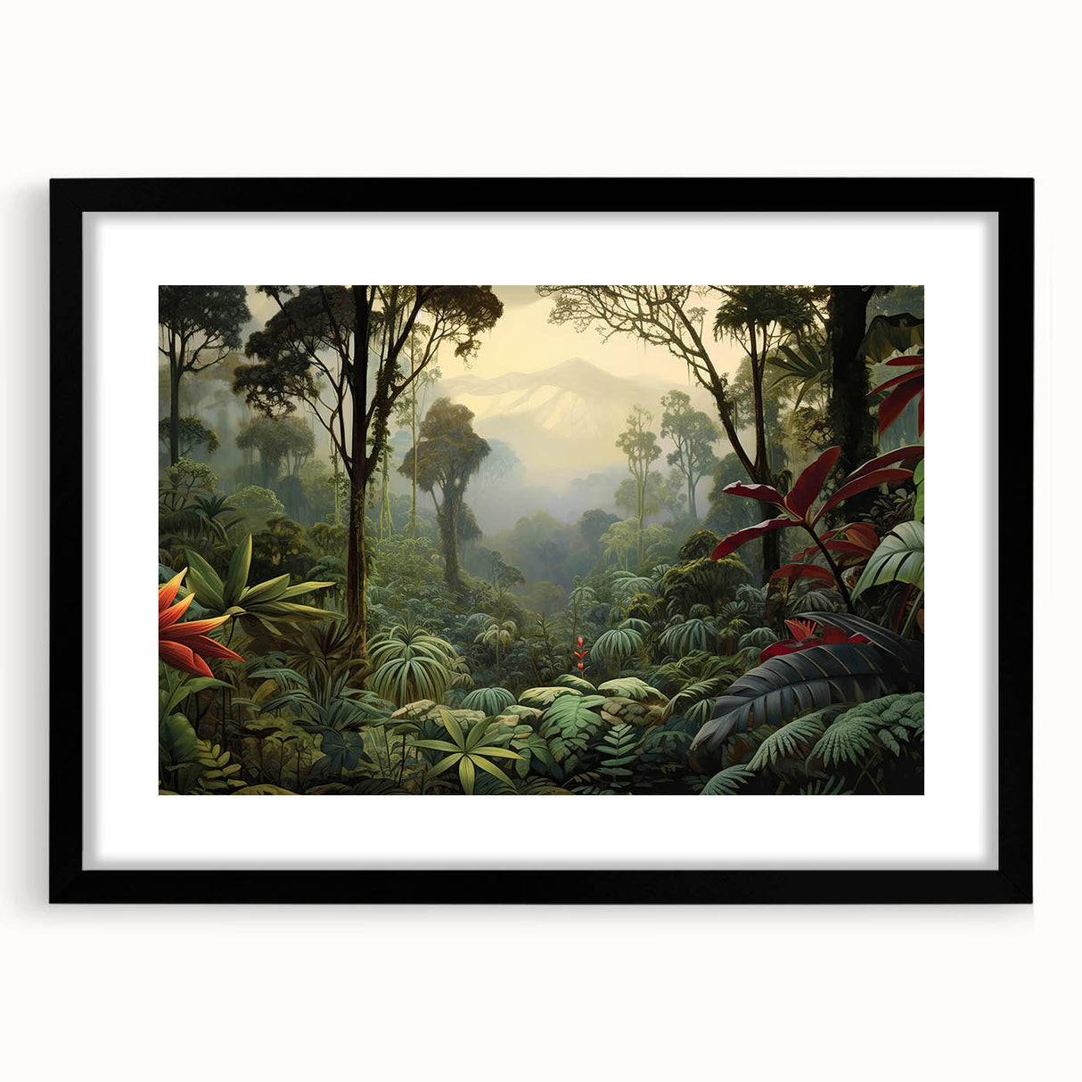 Framed rainforest landscape wall art featuring vibrant green foliage and a serene atmosphere, showcasing nature's beauty in a sleek black frame with a mat for an elegant presentation. Ideal for enhancing home decor and bringing a touch of the outdoors inside.