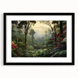 Framed rainforest landscape wall art featuring vibrant green foliage and a serene atmosphere, showcasing nature's beauty in a sleek black frame with a mat for an elegant presentation. Ideal for enhancing home decor and bringing a touch of the outdoors inside.
