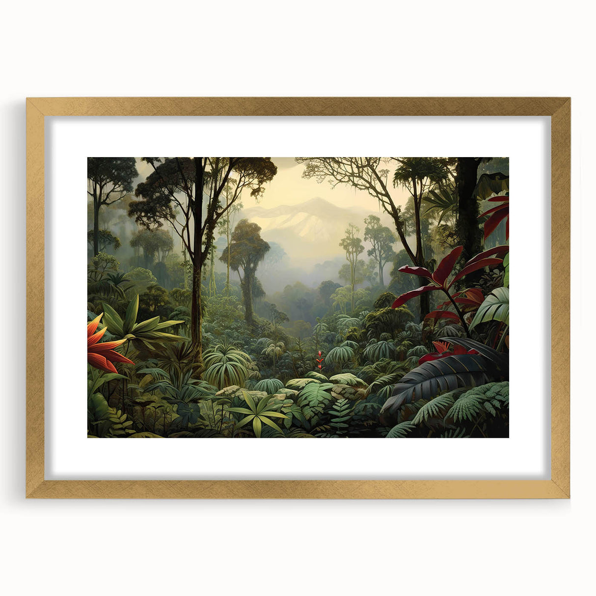 Framed rainforest wall art collection featuring vibrant green foliage and intricate details, accented with a gold frame and mat, perfect for enhancing any interior decor.
