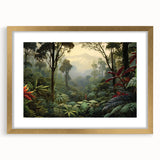 Framed rainforest wall art collection featuring vibrant green foliage and intricate details, accented with a gold frame and mat, perfect for enhancing any interior decor.