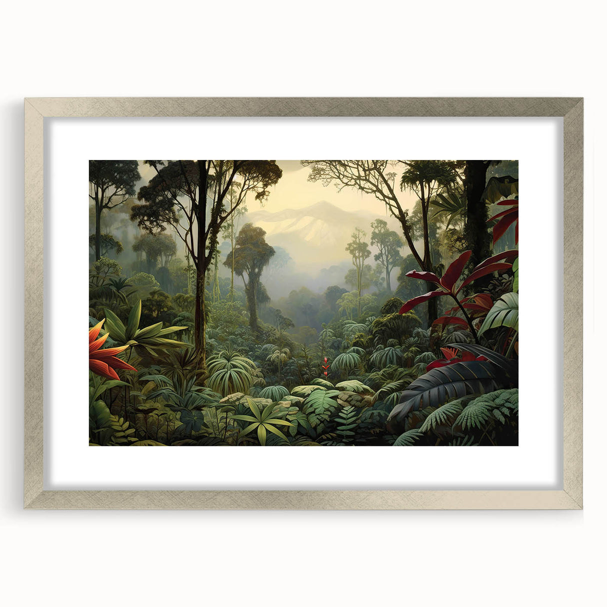 Framed wall art featuring a vibrant rainforest landscape design with lush greenery and intricate details, set in a sleek silver frame with a mat, perfect for home decor.