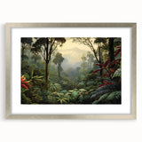 Framed wall art featuring a vibrant rainforest landscape design with lush greenery and intricate details, set in a sleek silver frame with a mat, perfect for home decor.