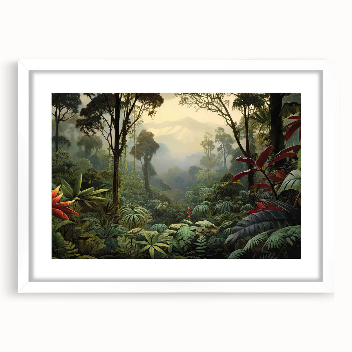 Framed wall art featuring a vibrant rainforest landscape design with lush greenery, set in a sleek white frame, perfect for home decor and nature enthusiasts.