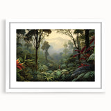 Framed wall art featuring a vibrant rainforest landscape design with lush greenery, set in a sleek white frame, perfect for home decor and nature enthusiasts.