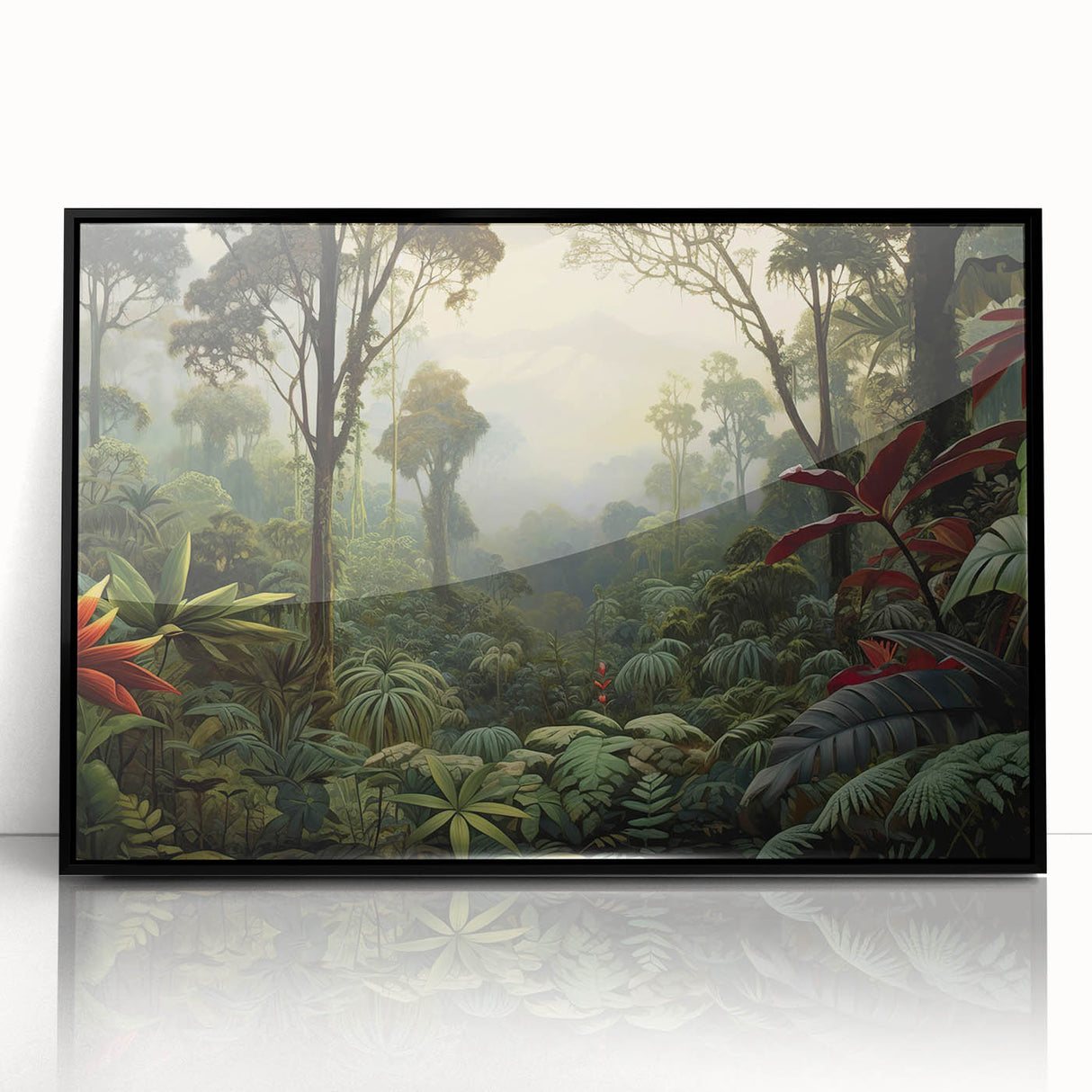 Framed acrylic wall art showcasing a vibrant rainforest landscape design with lush greenery and vivid colors, ideal for enhancing home decor with a nature-inspired theme.