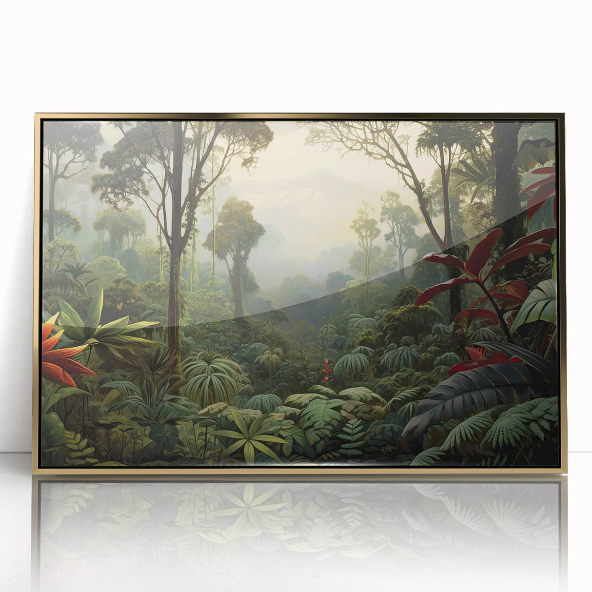 Framed acrylic wall art featuring a vibrant rainforest landscape, accented with gold framing, ideal for adding a touch of nature-inspired elegance to home decor.