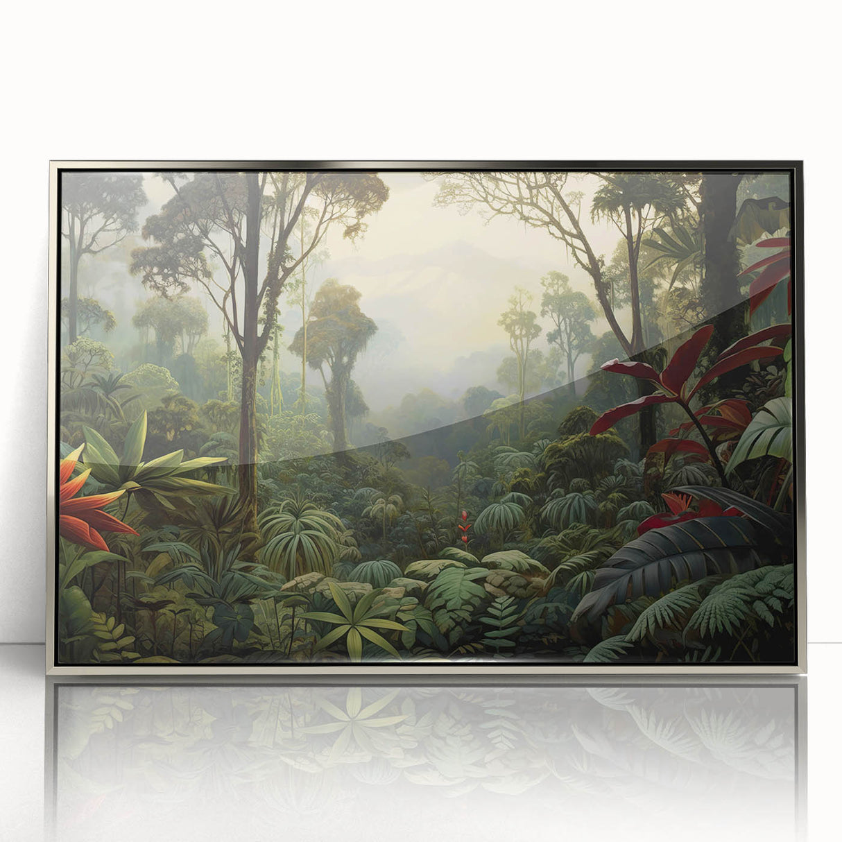 Framed acrylic wall art showcasing a vibrant rainforest design with lush greens and intricate details, set in a sleek silver frame, perfect for home decor.