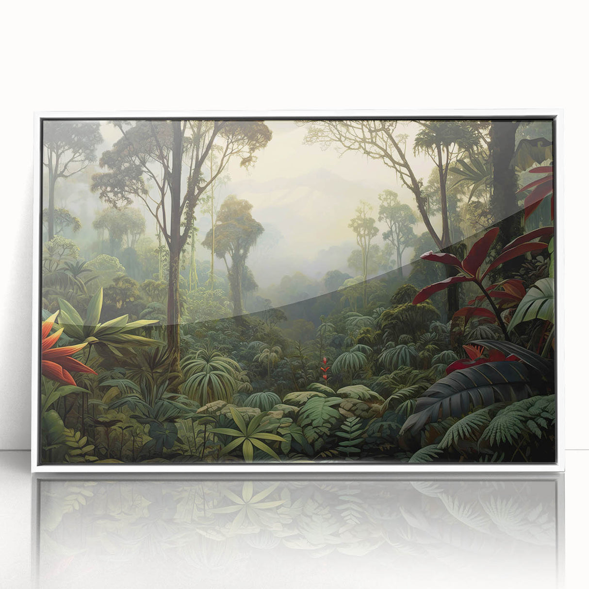 Framed acrylic wall art featuring a vibrant rainforest landscape design, showcasing lush greenery and detailed foliage, perfect for adding a nature-inspired accent to any room.