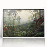 Framed acrylic wall art featuring a vibrant rainforest landscape design, showcasing lush greenery and detailed foliage, perfect for adding a nature-inspired accent to any room.