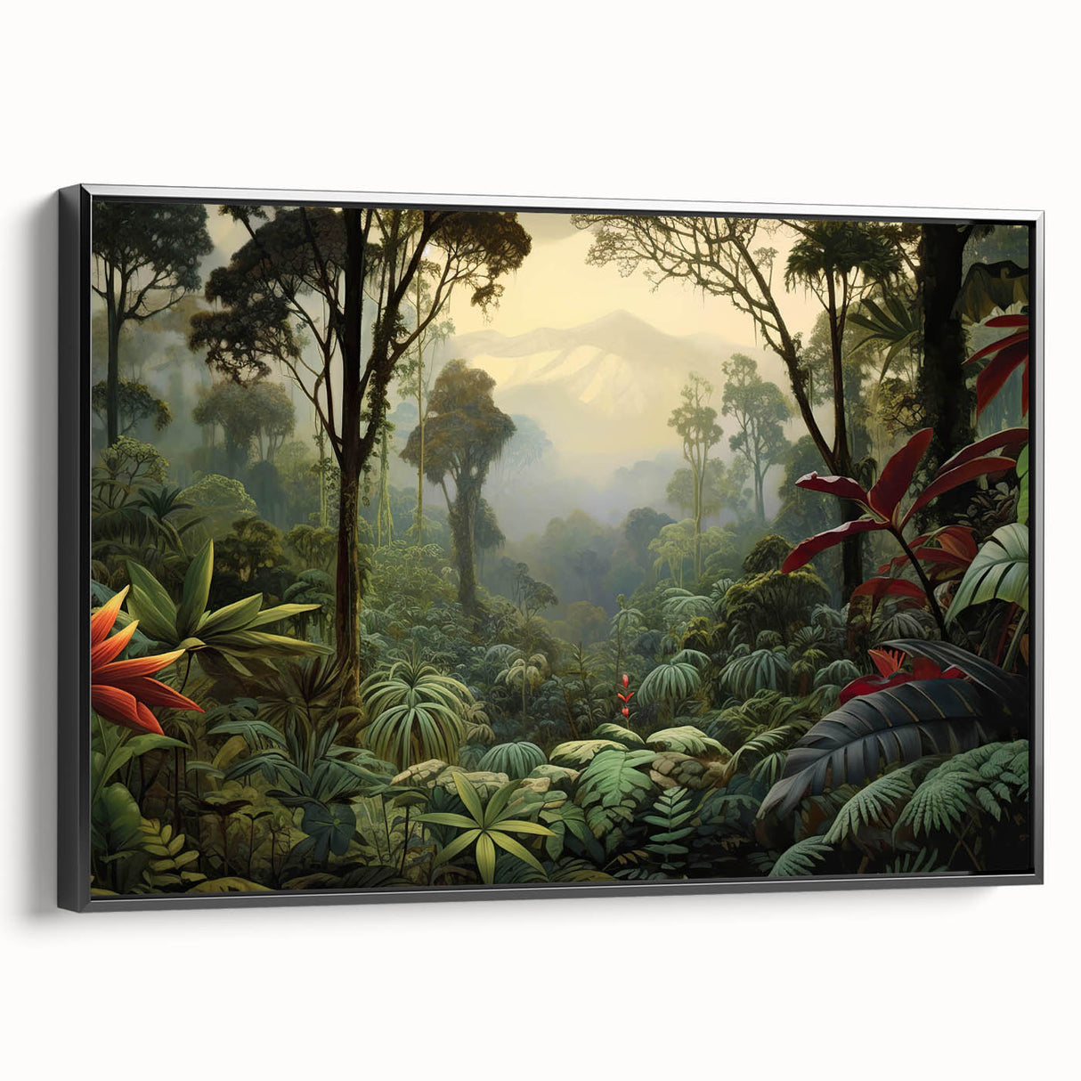 Framed canvas artwork showcasing a vibrant rainforest landscape design, featuring lush greenery and vivid colors, presented in a sleek black frame for elegant display. Ideal for home decor or nature-inspired interiors.