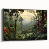 Framed canvas artwork showcasing a vibrant rainforest landscape design, featuring lush greenery and vivid colors, presented in a sleek black frame for elegant display. Ideal for home decor or nature-inspired interiors.