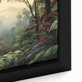 Close-up of a vibrant rainforest landscape artwork featuring lush green foliage and intricate details, framed for wall display, perfect for nature-inspired decor.